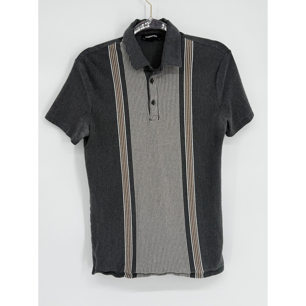 Express Mens Polo Shirt Sz S Charcoal Grey‎ Vertical Stripe Cotton Short Sleeve
